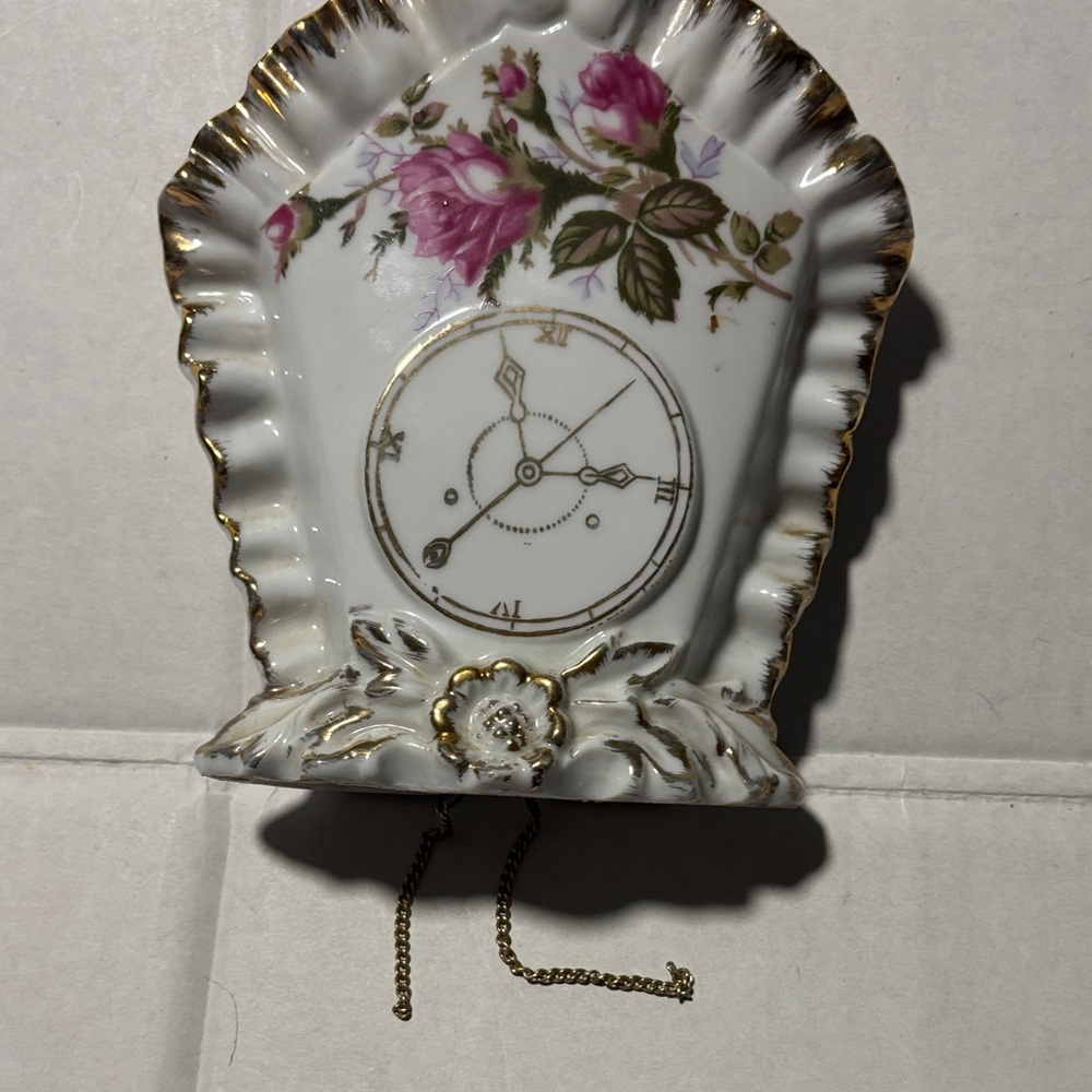 Porcelain Floral Clock Wall Pocket with Gold Accents Vintage